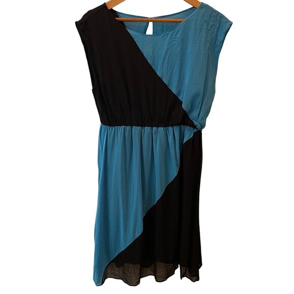 Alice + Olivia Color Block Silk Dress | L, Malibu Blue/Black, Cocktail Mini $368 - Picture 3 of 4